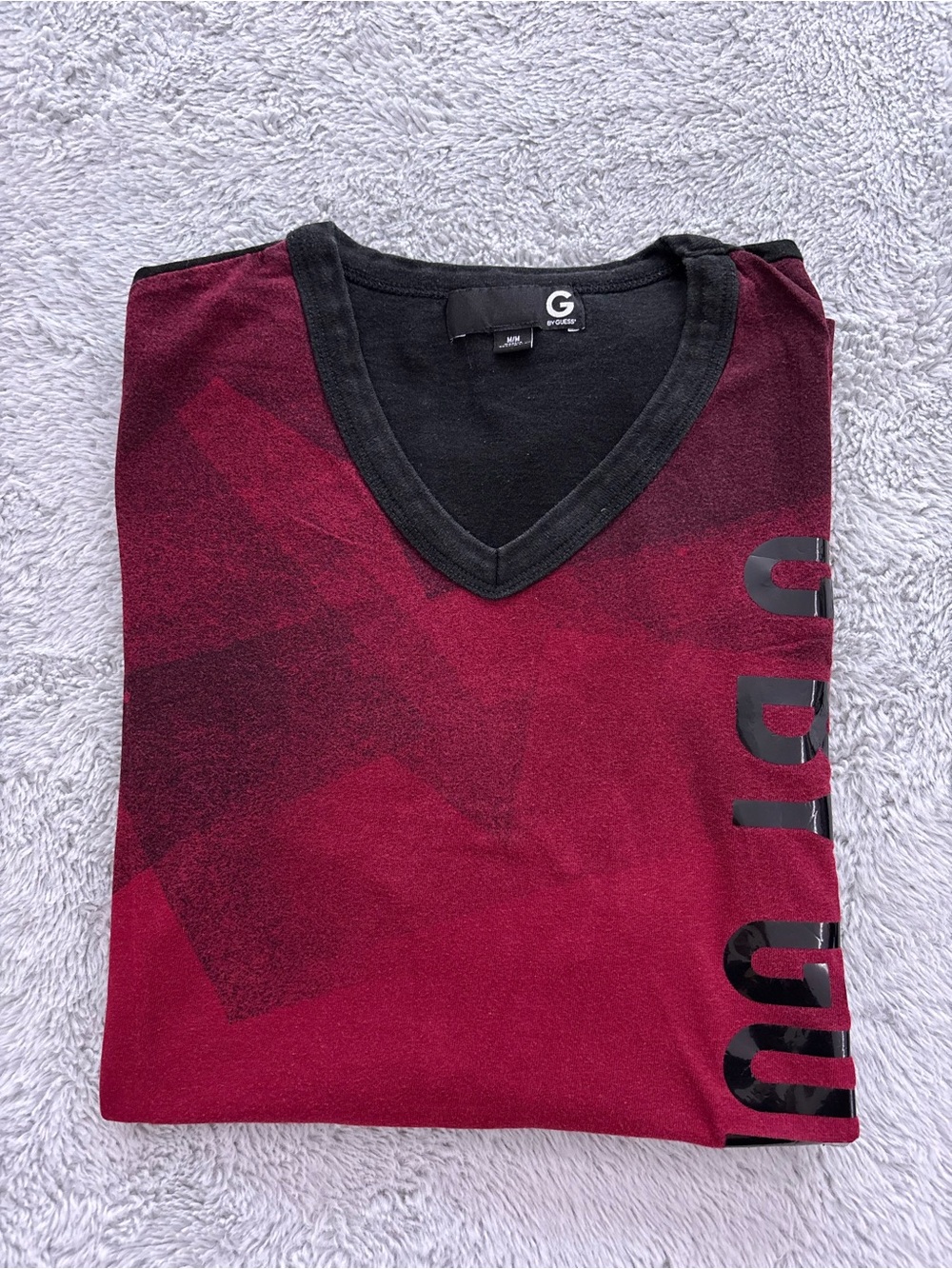 Guess Men's Maroon V-Neck Shirt with Black Trim